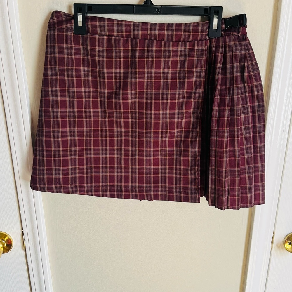 Plaid Wrap Mini Skirt in Burgundy